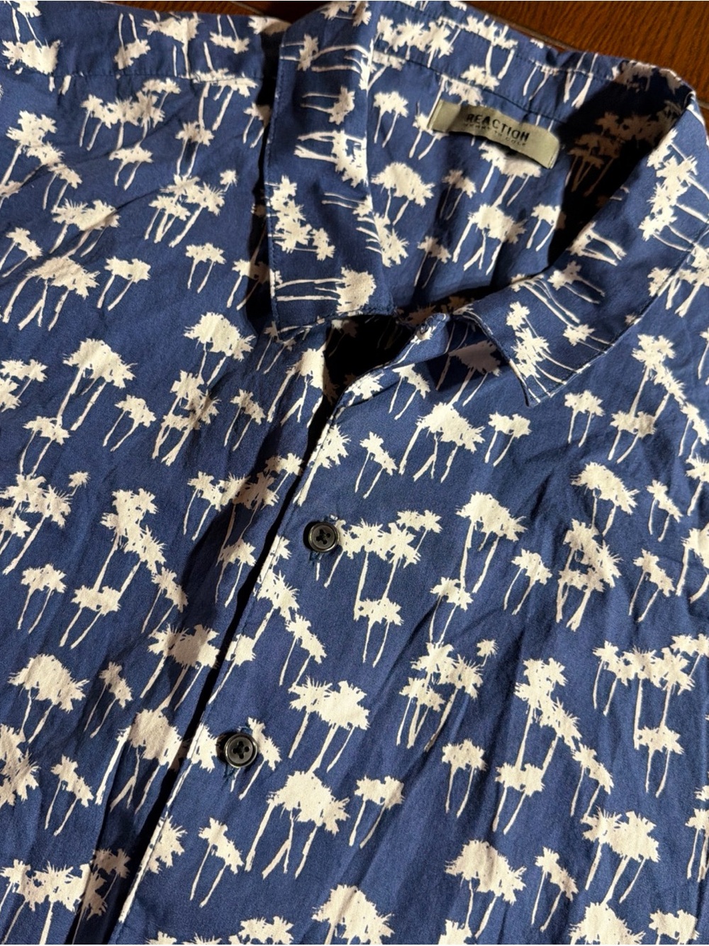 Kenneth Cole Reaction Navy Blue Button-Front Palm Print Shirt